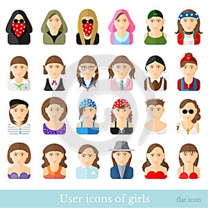 Set of women icons in flat style. Different age and style of youth
