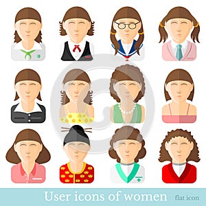 Set of women icons in flat style. Different occupations age and style