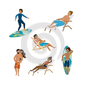 Set of women and men wearing bathing shorts and swimsuit with surfboard and tanning chair