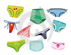 Set of women panties, underwear types string, thong, tanga, bikini underclothing lingerie collection photo