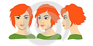 Set of women portrait three different angles. Close-up vector cartoon illustration. Different view front, profile, three