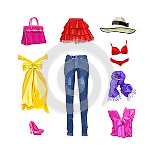 Set of women`s clothing and accessories. Skirt, jeans, dress, top, scarf, hat, underwear, shoes, bag. Vector illustration. Isolate