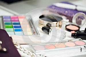 Set of women`s cosmetics on table.