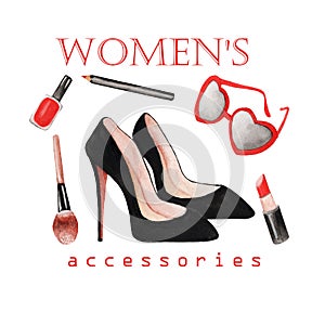 set of Women's elegant accessories in watercolor, black high-heeled shoes, lipstick, glasses, cosmetics