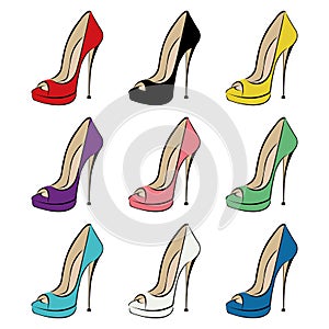 Set of women`s fashion shoes with very high heels with different colors. Shoes with an open toe. Design is suitable for icons