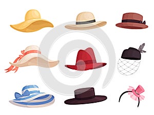 Set of women`s fashionable hats of different colors and styles in retro style. Elegant broad-brimmed hat, panama, gaucho photo
