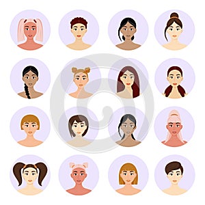 A set of women`s hairstyles with different hair colors.