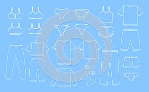 Set of women`s and men`s underwear, pajamas, home clothes - vector outline objects