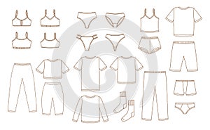 Set of women`s and men`s underwear, pajamas, home clothes - vector outline objects isolated on white