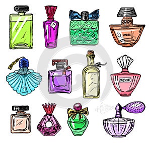 Set of Women`s perfume in a bottle. Beautiful fashionable glass accessory. Hand Drawn Sketch. Vintage style.