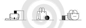 Set of women`s purses icons. 3 outline vector icons of stylish women`s purses, handbags. Black and white linear illustrations of