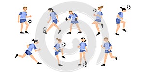 Set of women s soccer team wearing blue uniforms in different action poses. Vector illustration in flat cartoon style.