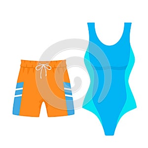 Set of women`s swimsuit and men`s swimming trunks shorts for swimming. vector illustration isolated