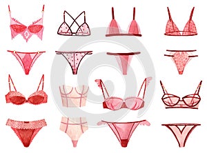 Set of women`s underwear. Elegant sexy panties and bras. Pattern drawn on paper by watercolor