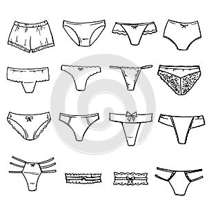 Set of women`s underwear. Hand drawn Set of lingerie elements