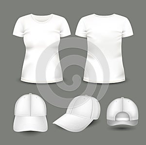 Set of women`s white t-shirt and cap in front and back views. Volumetric vector template.