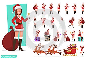 Set of women with Santa Claus character design for christmas. Presentation in various action