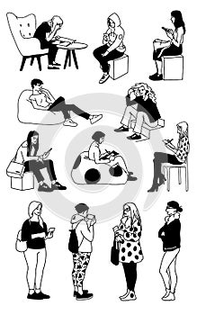 Set of women standing and sitting. Concept. Monochrome vector illustration of women in different poses in simple line