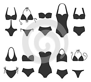 Set of women swimsuit icons isolated on white background. Bikini bathing suits silhouettes for swimming. Fashion bikini photo