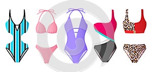 Set of women swimsuits, colorful bikini and monokini, beach clothes photo