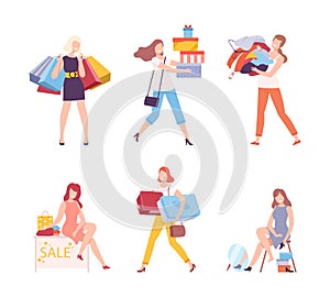 Set of women taking part in seasonal sale. Girls carrying shopping bags and boxes. Black Friday sale event flat vector