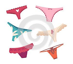 Set of Women Tanga Underpants Collection Isolated on White Background. Female Underwear Clothing, Lingerie Panties
