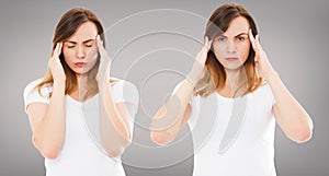 Set women with their eyes open and closed holding their heads on grey background, woman pain,suffering girl
