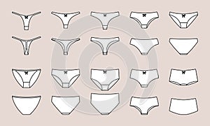 Set of women underwear types panties, bikini, string, tanga. Underclothing vector collection