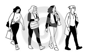 Set of women walking. Concept. Monochrome vector illustration of women of different ages taking a walk in simple line