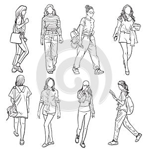 Set of women walking. Monochrome illustration