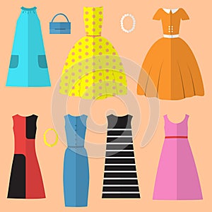 Set of womens clothing and accessories in the sixties style