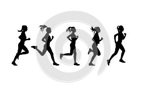 Set of womenâ€™s running action silhouettes.