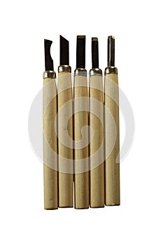 Set of wood chisel for carving wood, sculpture tools on white background