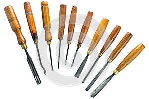 Set of wood chisel for carving wood, sculpture tools on white background