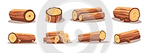 Set of wood logs for forestry and lumber industry, cartoon flat vector illustration