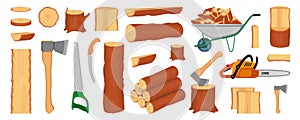 Set of wood logs, trunks, stump and planks. Woodcutter or lumberjack tools. Forestry. Firewood logs. Tree wood trunk. Wood bark