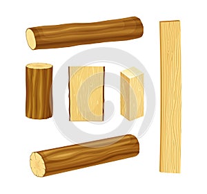 Set of wood lumber industry materials. Tree trunks, logs, planks. Hardwood timber materials vector illustration