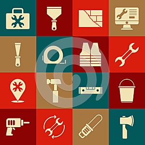 Set Wooden axe, Bucket, Wrench spanner, Bricks, Roulette construction, Putty knife, Toolbox and Safety vest icon. Vector