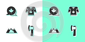 Set Wooden axe, Canadian maple leaf, Mountains and Hockey jersey icon. Vector