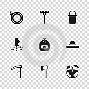 Set Wooden axe, Farmer worker hat, Apple, Pack full of seeds, Bucket, Garden hose, rake and Rooster weather vane icon