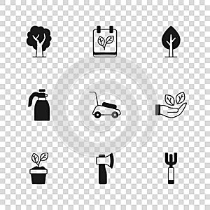 Set Wooden axe, Leaf in hand, Garden pitchfork, Lawn mower, Tree, Calendar with autumn leaves and sprayer water icon