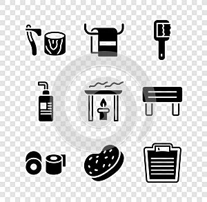 Set Wooden axe in stump, Towel on hanger, Sauna brush, Toilet paper roll, Bath sponge, Bathroom scales, Cream or lotion