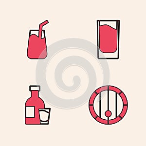 Set Wooden barrel, Cocktail, Shot glass and Bottle of vodka with icon. Vector