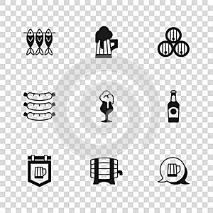 Set Wooden barrel on rack, Beer bottle, beer mug, Glass of, Dried fish, and Sausage icon. Vector