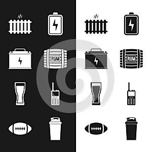 Set Wooden barrel with rum, Car battery, Heating radiator, Battery, Glass of beer and Walkie talkie icon. Vector