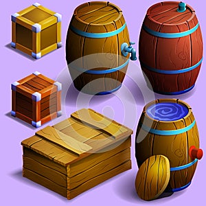 Set of wooden barrels and boxes.