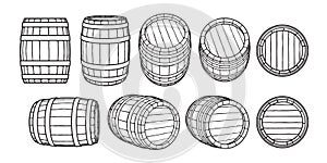 Set of wooden barrels in different positions. Front and side view,black at different angles Vector illustrations