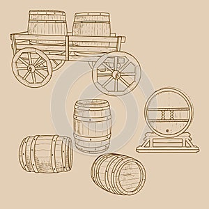 set of wooden barrels in retro style