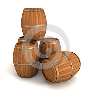 Set of wooden barrels on white background