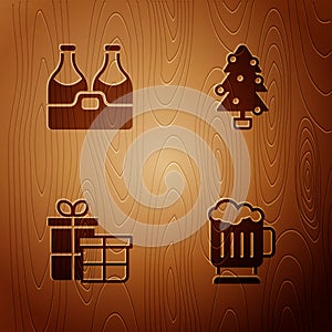 Set Wooden beer mug, Champagne bottle, Gift box and Christmas tree on wooden background. Vector